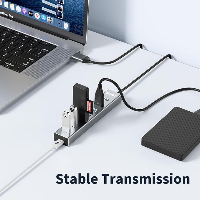 atolla Aluminum 7-Port USB 3.0 Hub with 1m Extension Cable - 5Gbps High-Speed Data Transfer for MacBook Pro, Laptop, PC, Gaming Setup-Gray