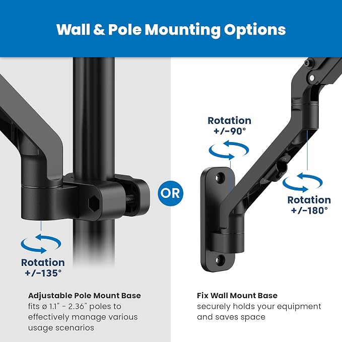 Mount-It! Keyboard Wall Mount with Pole Option, Adjustable Keyboard and Mouse Tray with Spring Arm, Full Motion Swivel Tilt Extension, Ergonomic Workstation for Medical, Office, and Sim Racing