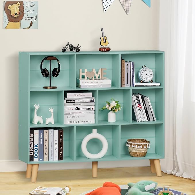 LEYAOYAO 10 Cube Bookshelf,3 Tier Modern Wide Bookcase with Legs,Mid-Century Wood Bookshelves Storage,Mint-Green Large Book Case,Freestanding Organizer Display Shelf for Bedroom,Living Room,Office