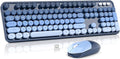 Wireless Keyboard and Mouse Combo, MOWUX Full Size Typewriter Retro Round Computer Keyboard, Cute Optical Mouse Wireless, Plug and Play, for Laptop, PC, Computer- Sea Blue Gradient