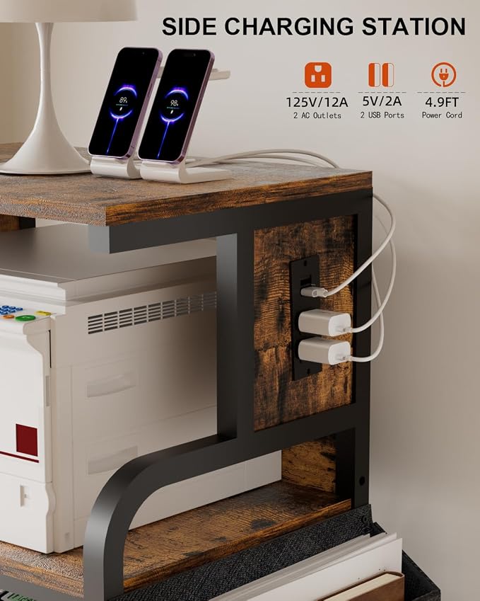Tall Printer Stand with Storage Adjustable Shelf and Bag, 4-Tier Large Printer Table with Charging Station for Home Office, Printers Cart with Wheels for 3D Shredder Scanner Fax (Retro Brown)