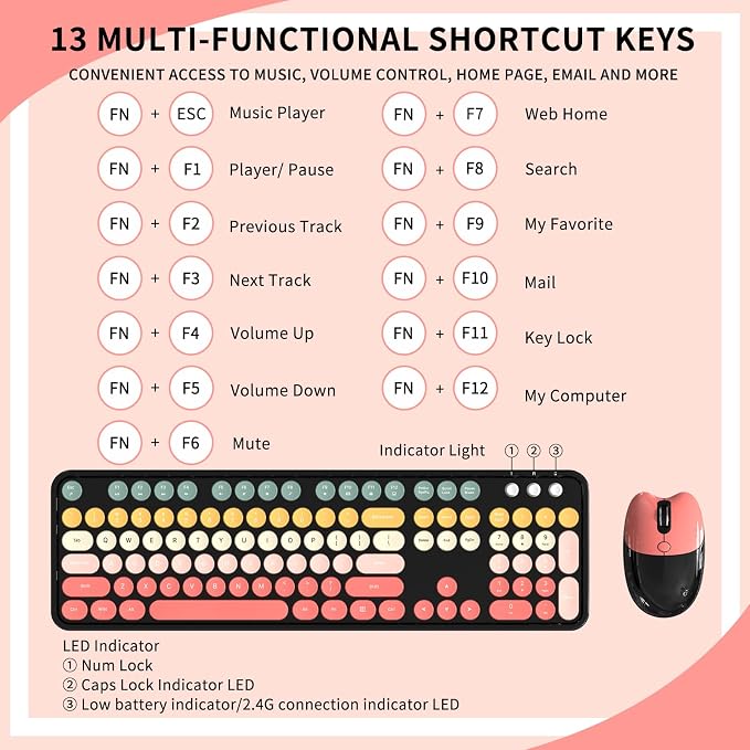 Wireless Keyboard and Mouse, MOFII 104 Round Keycaps Retro Typewriter with OTG & Brush, Full-Size Ergonomic, Ideal for Windows PC, Home, Office and College Rainbow Red
