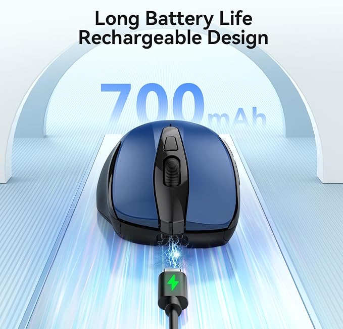 TECKNET Rechargeable Jiggler Wireless Mouse (BT5.0/3.0 & 2.4G) 4800 DPI Silent USB A & Bluetooth Mouse 6 Buttons, Wide Compatibility - Blue