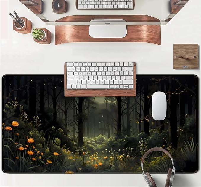 Dark Forest Desk Mat Mouse pad, Green Nature Deskmat XXL Large Extended Aesthetic Plant Mousepad Gaming Desk Pad, Big Laptop Computer Keyboard and Mouse Mat for Women Office Desk Decor 31.5x15.7 in