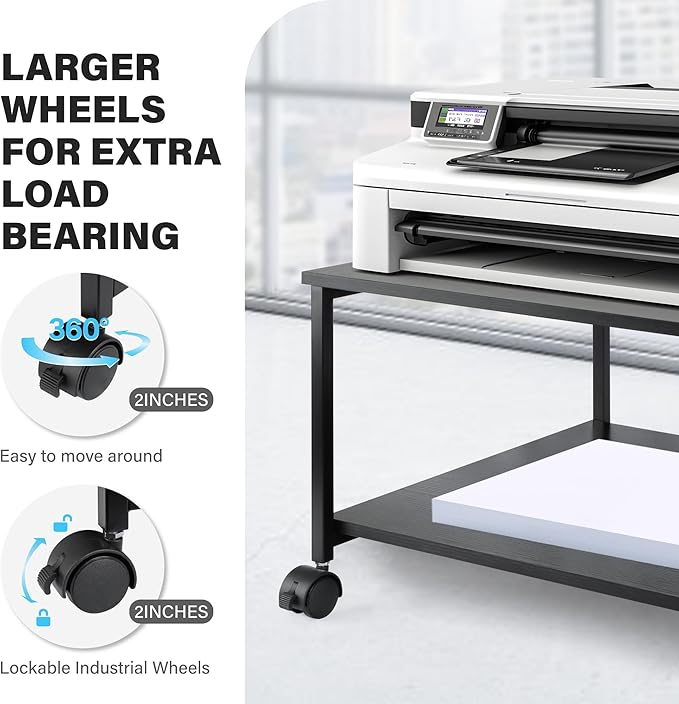 EMERIT 2-Tier Under Desk Printer Stand w/Storage - 19.5x19.5x12.8''Heavy Duty Rolling Cart, Mobile Printer Table with Lockable Wheels for Home Office Organization - Industrial Style