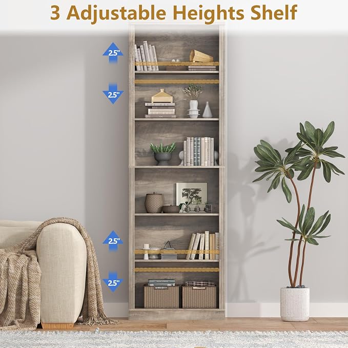 Thacuok 75" Tall Bookshelf Set of 2, 6 Tier Bookshelf with Adjustable Shelves, Bookcase with Anti-Tipping Device, Floor Standing Modern Display Rack,Book Shelf for Living Room, Bedroom, Office, Grey