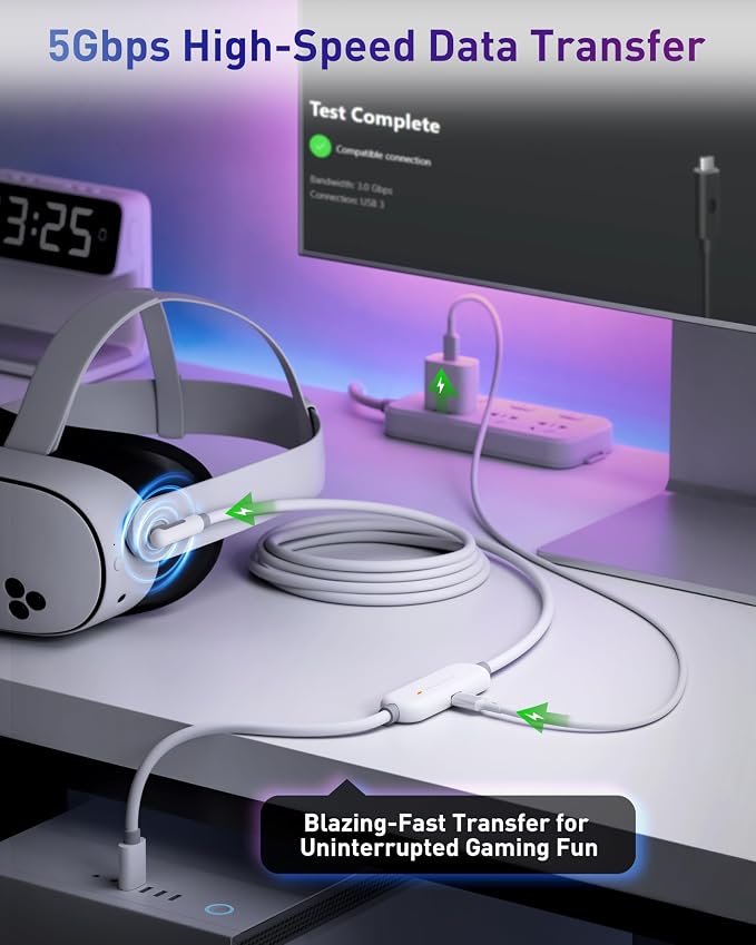 Maxonar VR Charging Link Cable 20FT (Next-Gen Chip) Compatible with Meta Quest 3S/Quest 3/Oculus Quest 2/Pico 4 Accessories and PC/SteamVR, Awesome Gift-5Gbps USB 3.0 to USB C Cable-White