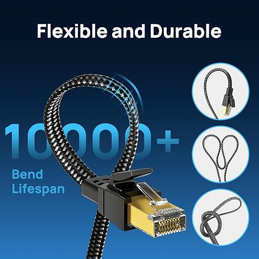 Cat 8 Ethernet Cable 35 ft, Nylon Braided High Speed Heavy Duty Cat8 Network LAN Patch Cord, 40Gbps 2000Mhz SFTP RJ45 Flat Internet Cable Shielded in Wall, Indoor&Outdoor for Modem/Router/Gaming/PC