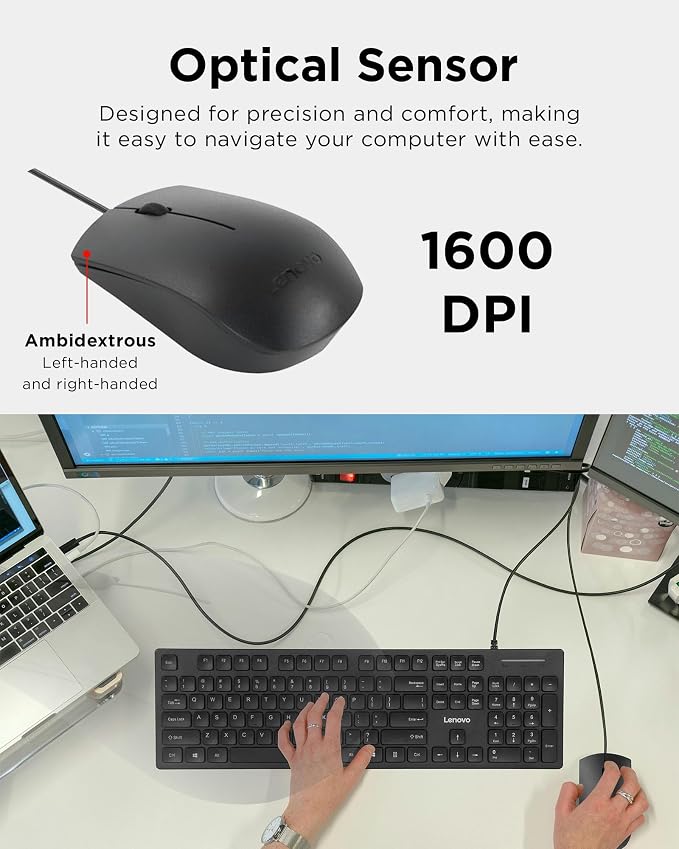 Lenovo 305 USB-C Wired Keyboard & Mouse Combo, Black, Spill-Resistant, Narrow Border, Adjustable Tilt, Full-Size Keyboard & Mouse, Compatible with Laptop, PC, Tablet, USB-C Connectivity Gaming Office