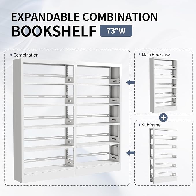 70.9" H Metal Bookshelf, Adjustable Bookcase, 5-Tier Heavy Duty Bookshelf with Bookend, Tall Bookshelves, Bookcase Shelf for Living Room, Office, Library,Classroom (White-72.8W)