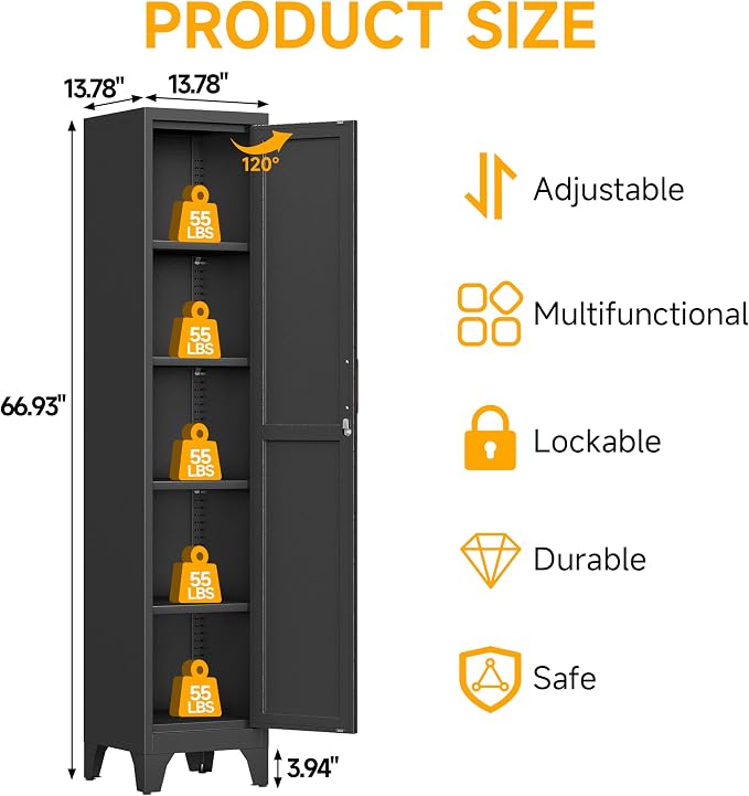 67"H Black Metal Locker with 1 Lockable Door and 4 Adjustable Shelves For Employees, 5 Tier Thin Storage Cabinet with Detachable Legs and Gold Handle for Kitchen,Office,Gym,School,Easy Assembly 2Pcs