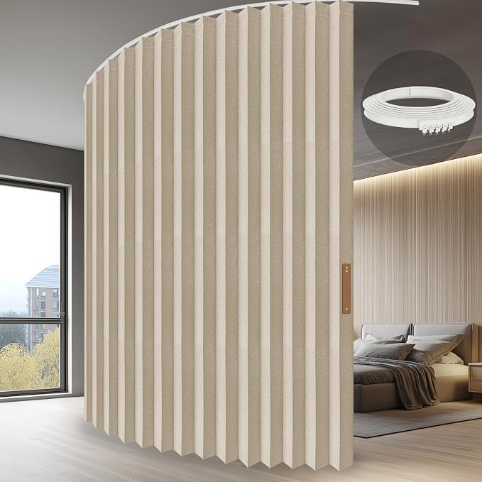 ILRON Accordion Folding Room Partition with Ceiling Track - Retractable Room Divider Curtain, Effortless Setup(Beige 180" W x 108" L-Pack of 1)