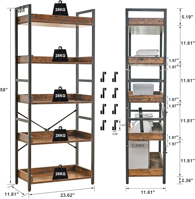 HCHQHS Adjustable 5 Tier Open Bookcase, Rustic Farmhouse Book Shelves, Industrial Wood and Black Metal Bookshelves, Mid Century Bookcase for Home Office Living Room Bedroom