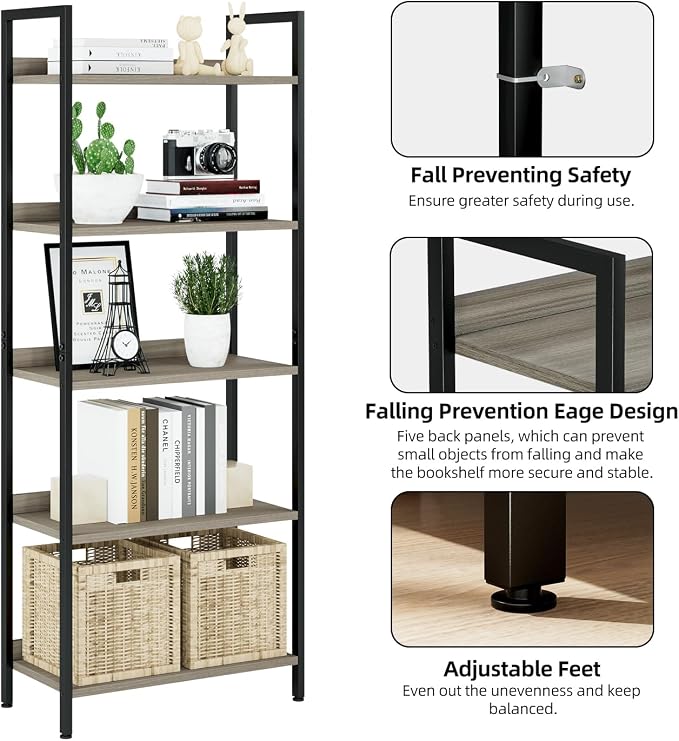 NUMENN Bookshelf, 5 Tier Bookshelves, Home Office Bookcase Shelf Storage Organizer, Free Standing Storage Shelving Unit for Bedroom, Living Room and Home Office, Grey