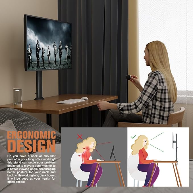 HEMUDU Single Tall Desk Monitor Arm Mount Stand Fit for 27 inch to 42 inch Flat Curved Computer Screen with Swivel, Height Adjustable, Rotation,Holds up to 77lbs, Black