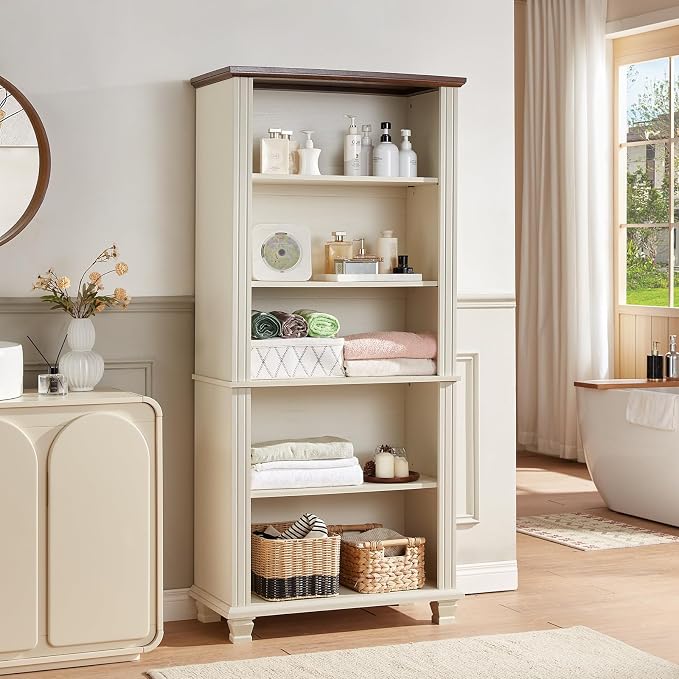SAVOR LIFE 70" Tall White Bookshelf,5 Tier Wood Book Shelf with Adjustable Shelves & Wood Legs,Free Standing Farmhouse Bookcase with Open Display Storage,Vintage Kids Bookshelves for Nursery,2PCS
