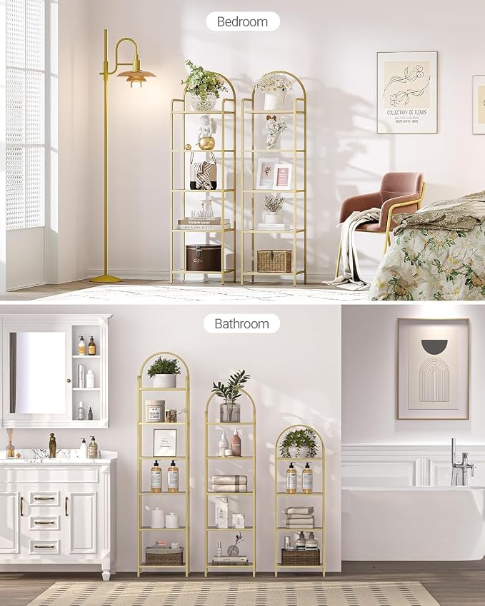 Hzuaneri Bookcase Bookshelf, Tempered Glass Bookshelves, Slim Shelving Unit for Bedroom, Bathroom, Home Office, Steel Frame, 5 Tier Gold BC05001G