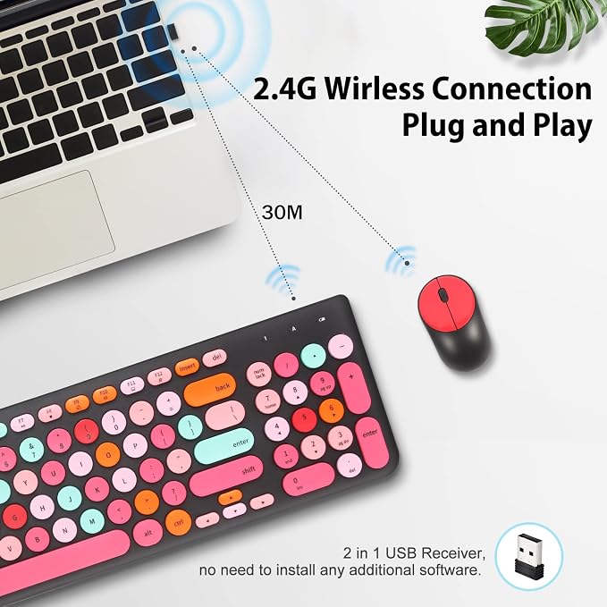 Wireless Keyboard and Mouse Combo, Retro Typewriter Keyboard with Round Keycaps, 2.4GHz USB Cute Wireless Keyboard Mouse for Computer, Desktop, Laptop and Computer (Black-Colorful)