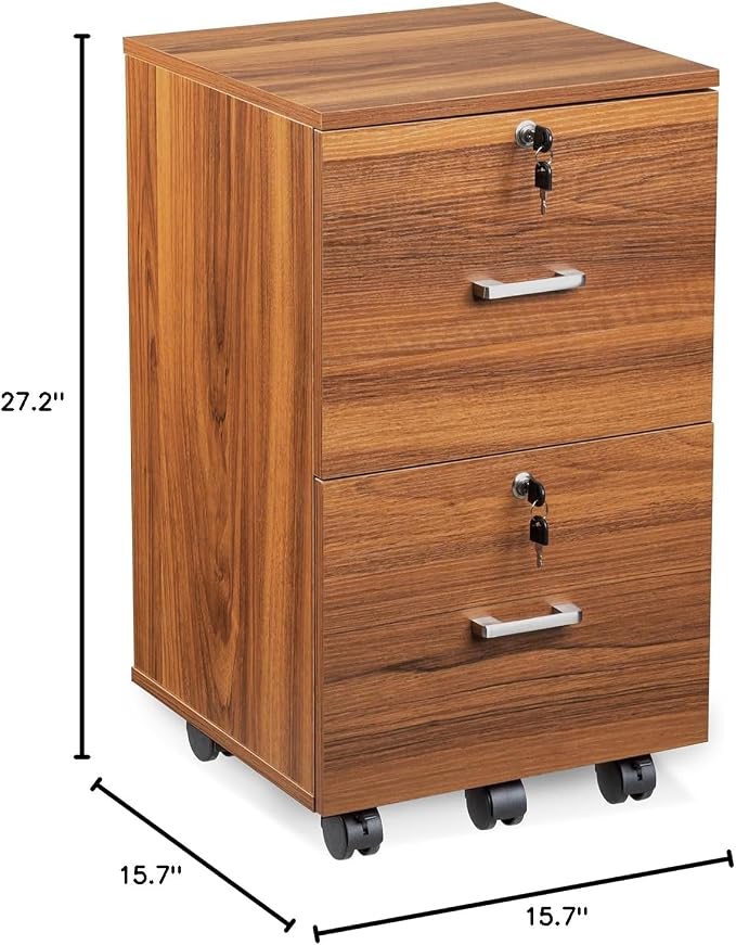 VINGLI 2 Drawer File Cabinet with Lock, Wood Grain Walnut File Cabinet for Letter Size File Folders with Tabs, Under Desk Rolling File Cabinets for Home Office, Mobile Filing Cabinet Printer Stand