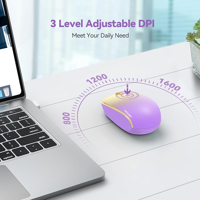 TECKNET Wireless Mouse, 2.4G Quiet Computer Mouse with USB Receiver, 4 Buttons Portable Cordless Mice for Chromebook, Laptop, PC, Mac, 800/1200/1600 DPI - Pink-Yellow Gradient