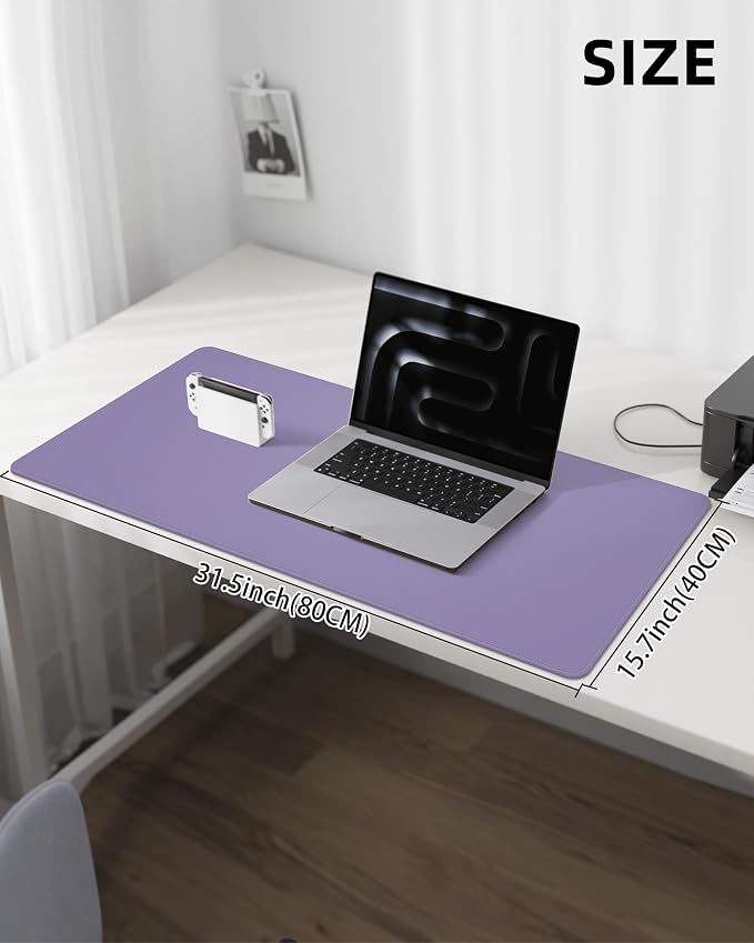 Leather Desk Pad Protector, Purple Desk pad, Office Desk Mat, Non-Slip PU Leather Desk Blotter, Laptop Desk Pad, Waterproof Desk Writing Pad for Office and Home (Light Purple, 31.5" x 15.7")