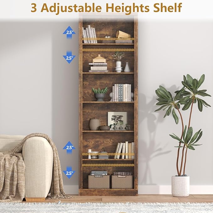 Thacuok 75" Tall Bookshelf & Bookcase, 6-Tier Adjustable Storage Shelves, Book Shelf with Anti-Tipping Device, Floor Standing Modern Display Rack for Living Room, Bedroom, Office, Brown