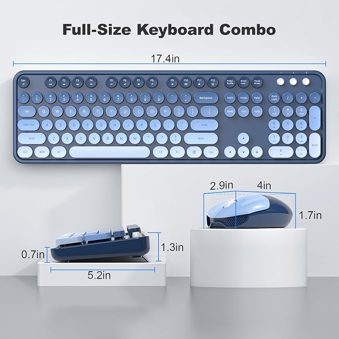 Wireless Keyboard and Mouse Combo, MOWUX Full Size Typewriter Retro Round Computer Keyboard, Cute Optical Mouse Wireless, Plug and Play, for Laptop, PC, Computer- Sea Blue Gradient