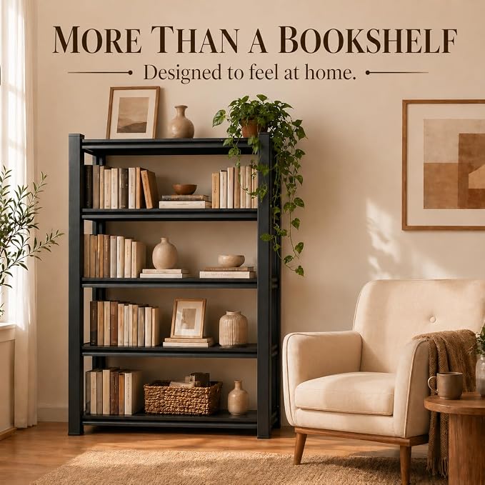 4 Tier Metal Bookshelf, Adjustable Tall Bookcase, Heavy Duty 2400 LBS Modern Deep Book Shelf, Bolt-Free Storage Shelves for Living Room, Home Office, Garage, 15.7" Wx 11.8" Dx 44.1" H