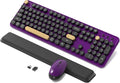 Colorful Wireless Keyboard and Mouse Combo, Retro Typewriter Style Round Keys, 2.4GHz Ergonomic Aesthetic Computer Keyboard with Wrist Rest for Mac, Windows, Laptop, PC(Violet Color)
