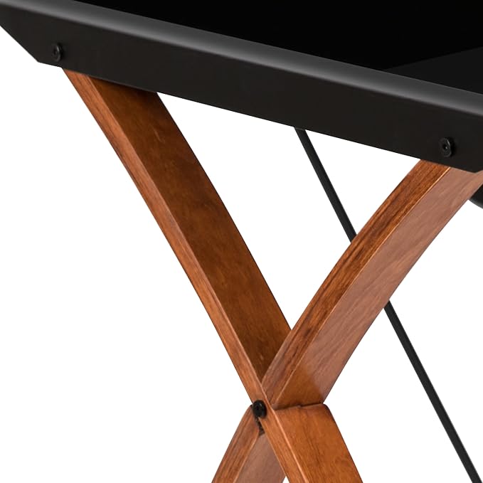 EMMA + OLIVER Black Glass Computer Desk with Pull-Out Keyboard Tray and Crisscross Frame