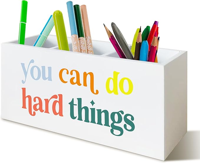 You Can Do Hard Things Desk Pen Holder, Inspirational Decor for Nursery School Psychologist Mental Health Therapy Office Desk, Positive Wooden Pencil Holder Organizer for Office