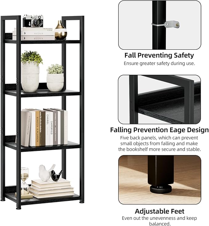 NUMENN Narrow Bookshelf, 4 Tier Bookshelves, Home Office Bookcase Shelf Storage Organizer, Free Standing Storage Shelving Unit for Bedroom, Living Room and Home Office, Black