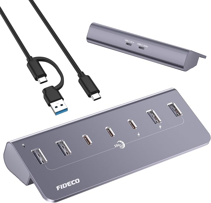 FIDECO Powered USB Hub, 7 Port 10Gbps Fast Data Hub for iPhone 16/15 and Laptop, Full Aluminum USB Splitter with 5V 3A Power Adapter, 4 USB A and 3 USB C Ports, Support BC1.2 Charging, Grey