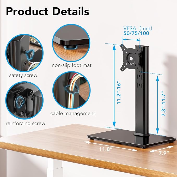 AX WABER Single Monitor Desk Stand Free-Standing Desk Mount Arm Riser for 13 inch to 32 inch Screen Freestanding VESA Mount Base, Adjustable Height, Tilt, Swivel, Rotation, Black AX05TB01