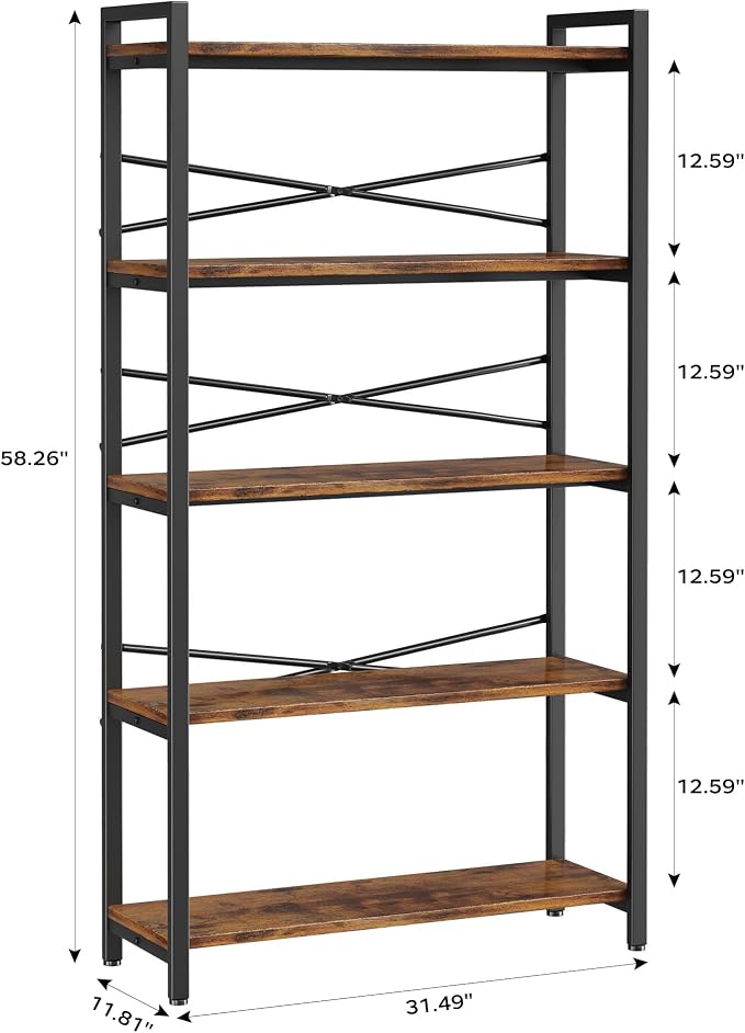 5 Tier Bookshelf 31.49" Width, Book Organizers and Storage, Wood and Metal Tall Bookcase, Rustic Book Shelf Organization and Storage for Home Living Room Bedroom Office Storage(Rustic Brown)