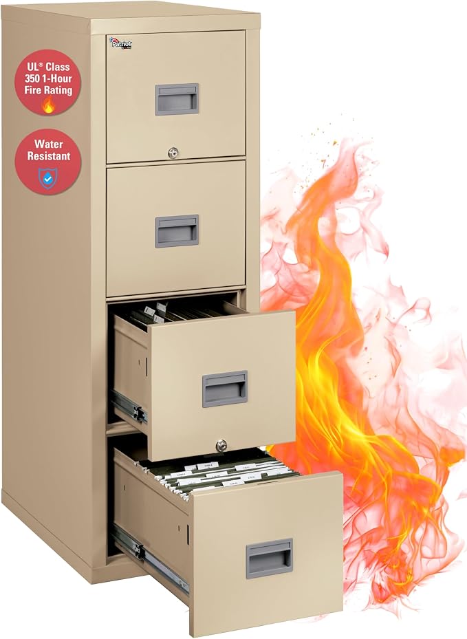 FireKing Patriot Vertical 4 Drawer Legal & Letter Fire Safe File Cabinet, Key Lock, 1 Hour Fire Rated UL Rated & Water Resistant, USA Made, Parchment