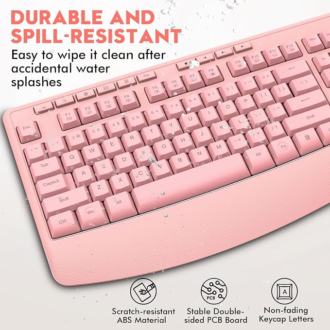 Wireless Keyboard and Mouse Combo, E-YOOSO 2.4GHz Full Sized Ergonomic Wireless Keyboard with Wrist Rest, 3 DPI Adjustable and 6 Buttons Cordless USB Mouse for Computer, Laptop, PC, Windows (Pink)