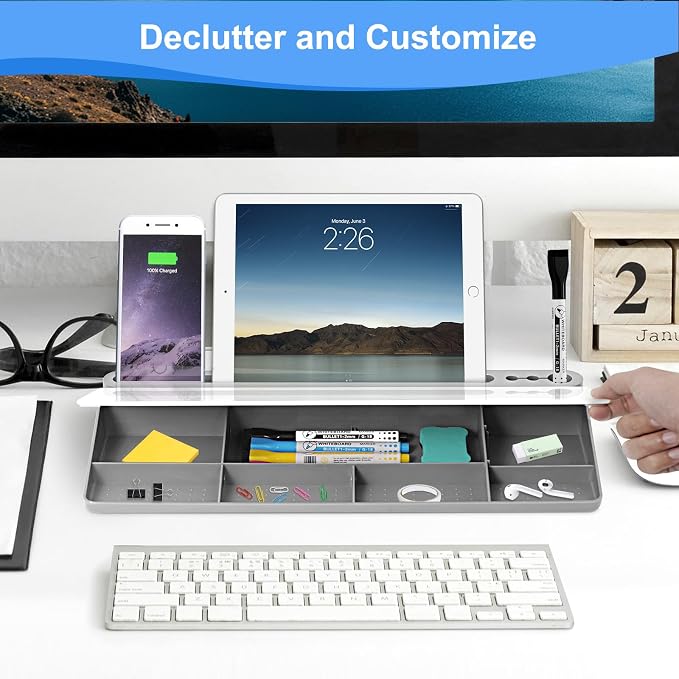 Desktop Glass Whiteboard with Storage, Grey Desk Dry Erase White Board with Computer Keyboard Stand, Desk Organizers and Accessories with Removable Cubicles for Office, Home, College, School