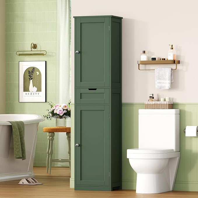 Iwell Tall Bathroom Storage Cabinet with 2 Doors & 1 Drawer, Narrow Storage Cabinet with Adjustable Shelves, for Living Room, Bathroom, Kitchen, Forest Green