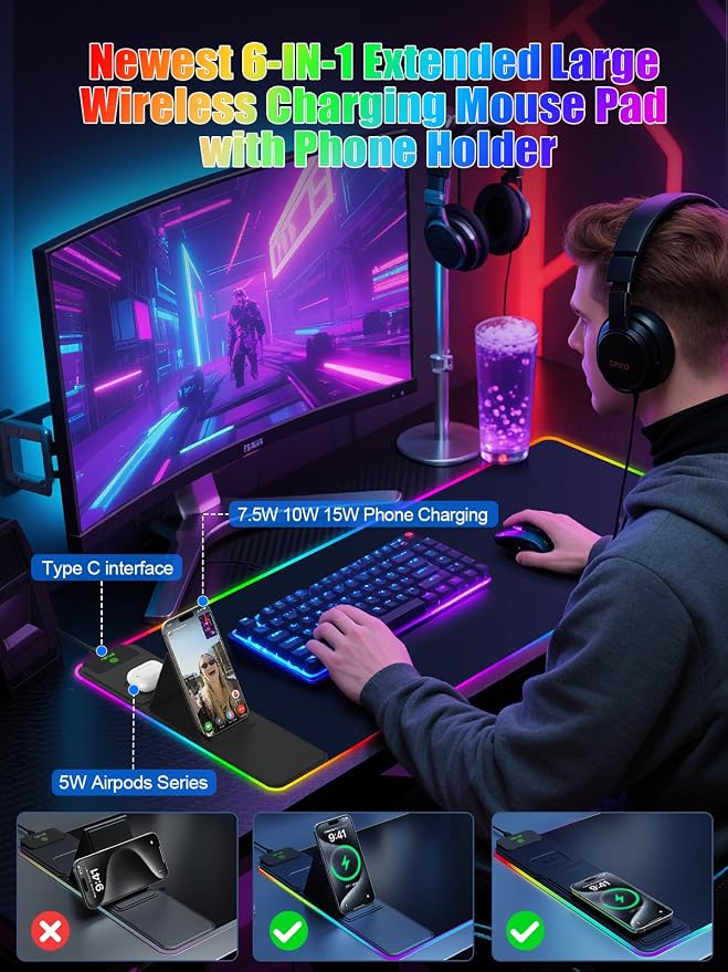 Mouse Pad with Foldable Phone Holder & Wireless Charger, XXL RGB Gaming Mousepad 31.5"x15.8" Large Desk Mat for Keyboard, Black Desk Pad with Dual Qi Charging Station | 11 Colors 5 Modes | Waterproof