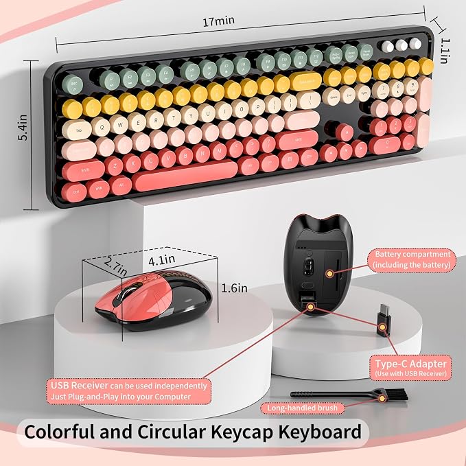 Wireless Keyboard and Mouse, MOFII 104 Round Keycaps Retro Typewriter with OTG & Brush, Full-Size Ergonomic, Ideal for Windows PC, Home, Office and College Rainbow Red