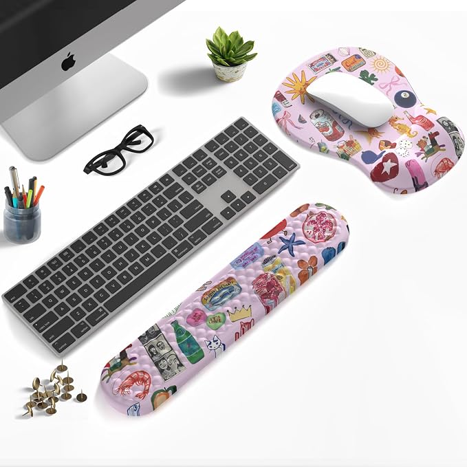 Cute Mousepad with Wrist Rest for Computer Keyboard Mouse Pad Ergonomic Pink Kawaii Mousepad, Best Desk Decor Office Girls Pink Desk 2-in-1 Wrist Support Mouse Pad, Soft Gel Material Anti Slip Bottom