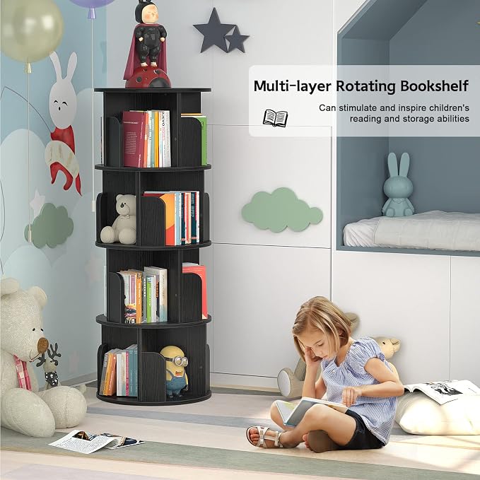 Aheaplus Rotating Bookshelf, 360 Revolving Bookshelf Tower for Small Space, 4 Tier Floor Standing Bookcase Storage Rack, Wood Narrow Book Shelf Organizer for Bedroom, Living Room, Study Room, Black