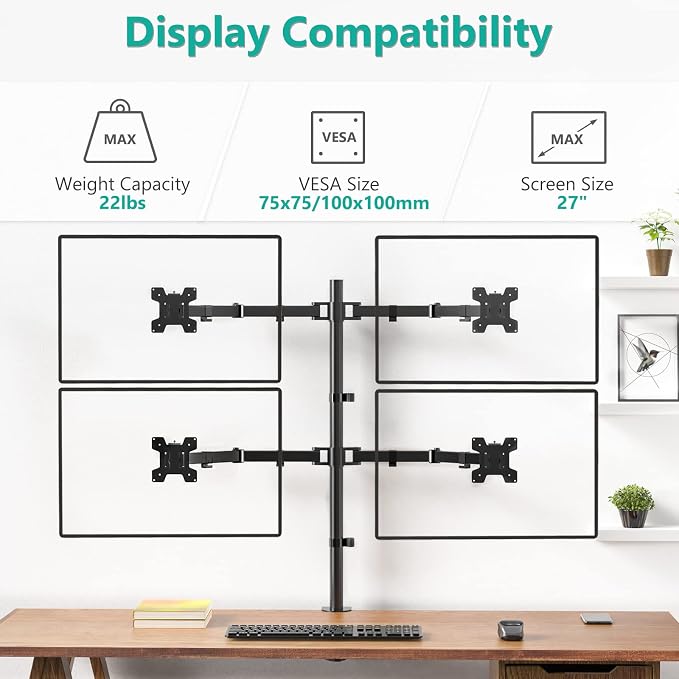 WALI Quad Monitor Desk Mount, 4 Monitor Stand Fits Heavy Duty Computer Screen up to 27 inch, Full Adjustable Arm Holds up to 22 lbs per Arm (M004), Black