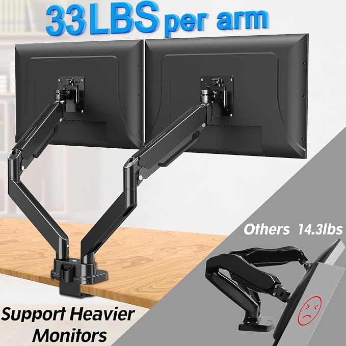MOUNTUP Dual Monitor Mount Fits Max 39'' Screen, Ultrawide Dual Monitor Desk Mount Hold 4.4-33 lbs, Adjustable Gas Spring Double Monitor Arms, Computer Monitors Stand with USB, VESA Monitors Bracket
