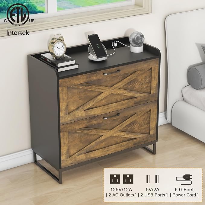 Halitaa Lateral File Cabinet with Charging Station, 2 Drawer File Cabinet for Letter/Legal/A4 Size Hanging Files, Large Wood File Storage Cabinets, Rustic Brown and Black