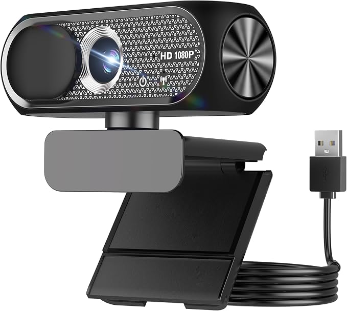 1080P HD Webcam with Microphone, Noise Cancellation, Privacy Cover, Wide-Angle Lens, Auto Light Correction, Plug & Play USB Webcam for Laptop, Desktop, PC, Mac, Zoom, Skype, Streaming (Black)