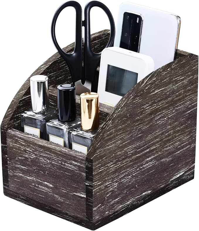 Rustic Brown Wooden Desk Organizer Farmhouse Wood Remote Control Caddy, Vintage 3 Slot Tabletop Desktop Office Supply Storage Rack Desktop TV Remote Control Holder Home Decor Office Supplies Storage