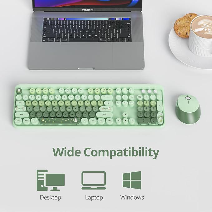 GTSP Typewriter Colorful Green Wireless Keyboard and Mouse Combo, 2.4GHz Full-Size Retro Cute Office Computer Keyboard with Round Keycaps for Desktop Laptop and PC (Colorful Green)