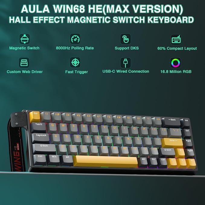AULA WIN68 HE MAX - Hall Effect Gaming Keyboard with Magnetic Switch, Adjustable Actuation Fast Trigger Mode, 8KHz Polling Rate, RGB Backlit Wired Mechanical Gaming Keyboard 60 Percent